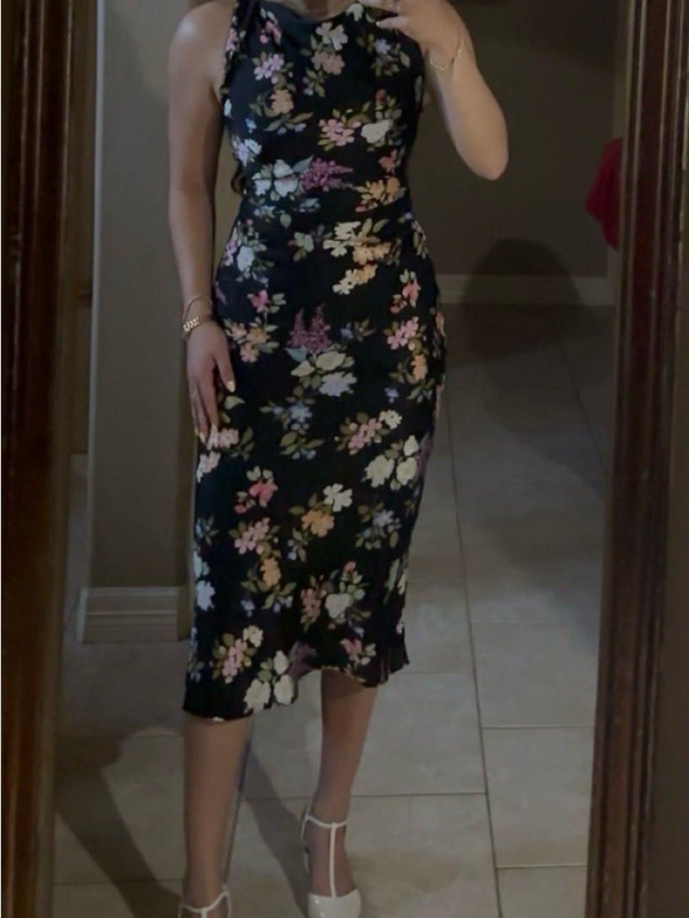 Zara Black Floral Midi Dress with Pastel Blooms
